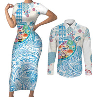 Hawaiian and Japanese Culture Together Couples Matching Short Sleeve Bodycon Dress and Long Sleeve Button Shirt Tropical Honu with Japanese Elements Blue Color