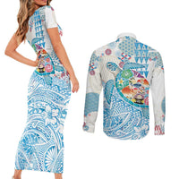 Hawaiian and Japanese Culture Together Couples Matching Short Sleeve Bodycon Dress and Long Sleeve Button Shirt Tropical Honu with Japanese Elements Blue Color