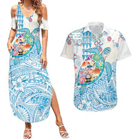 Hawaiian and Japanese Culture Together Couples Matching Summer Maxi Dress and Hawaiian Shirt Tropical Honu with Japanese Elements Blue Color