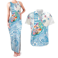 Hawaiian and Japanese Culture Together Couples Matching Tank Maxi Dress and Hawaiian Shirt Tropical Honu with Japanese Elements Blue Color