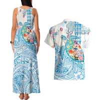 Hawaiian and Japanese Culture Together Couples Matching Tank Maxi Dress and Hawaiian Shirt Tropical Honu with Japanese Elements Blue Color