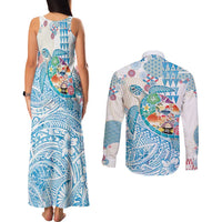 Hawaiian and Japanese Culture Together Couples Matching Tank Maxi Dress and Long Sleeve Button Shirt Tropical Honu with Japanese Elements Blue Color