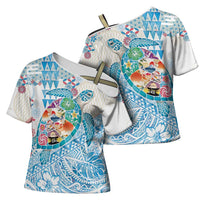 Hawaiian and Japanese Culture Together Cross Shoulder Shirt Tropical Honu with Japanese Elements Blue Color