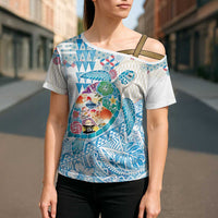 Hawaiian and Japanese Culture Together Cross Shoulder Shirt Tropical Honu with Japanese Elements Blue Color