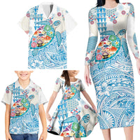 Hawaiian and Japanese Culture Together Family Matching Long Sleeve Bodycon Dress and Hawaiian Shirt Tropical Honu with Japanese Elements Blue Color