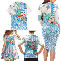 Hawaiian and Japanese Culture Together Family Matching Long Sleeve Bodycon Dress and Hawaiian Shirt Tropical Honu with Japanese Elements Blue Color