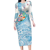 Hawaiian and Japanese Culture Together Family Matching Long Sleeve Bodycon Dress and Hawaiian Shirt Tropical Honu with Japanese Elements Blue Color