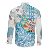 Hawaiian and Japanese Culture Together Family Matching Off Shoulder Maxi Dress and Hawaiian Shirt Tropical Honu with Japanese Elements Blue Color