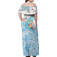 Hawaiian and Japanese Culture Together Family Matching Off Shoulder Maxi Dress and Hawaiian Shirt Tropical Honu with Japanese Elements Blue Color
