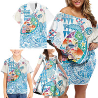 Hawaiian and Japanese Culture Together Family Matching Off Shoulder Short Dress and Hawaiian Shirt Tropical Honu with Japanese Elements Blue Color