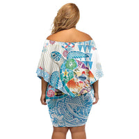 Hawaiian and Japanese Culture Together Family Matching Off Shoulder Short Dress and Hawaiian Shirt Tropical Honu with Japanese Elements Blue Color