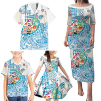 Hawaiian and Japanese Culture Together Family Matching Puletasi and Hawaiian Shirt Tropical Honu with Japanese Elements Blue Color