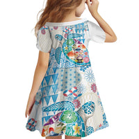Hawaiian and Japanese Culture Together Family Matching Short Sleeve Bodycon Dress and Hawaiian Shirt Tropical Honu with Japanese Elements Blue Color