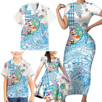 Hawaiian and Japanese Culture Together Family Matching Short Sleeve Bodycon Dress and Hawaiian Shirt Tropical Honu with Japanese Elements Blue Color