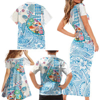 Hawaiian and Japanese Culture Together Family Matching Short Sleeve Bodycon Dress and Hawaiian Shirt Tropical Honu with Japanese Elements Blue Color
