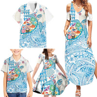 Hawaiian and Japanese Culture Together Family Matching Summer Maxi Dress and Hawaiian Shirt Tropical Honu with Japanese Elements Blue Color