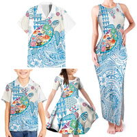 Hawaiian and Japanese Culture Together Family Matching Tank Maxi Dress and Hawaiian Shirt Tropical Honu with Japanese Elements Blue Color