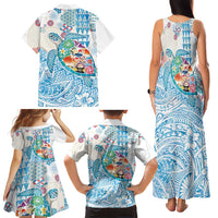 Hawaiian and Japanese Culture Together Family Matching Tank Maxi Dress and Hawaiian Shirt Tropical Honu with Japanese Elements Blue Color