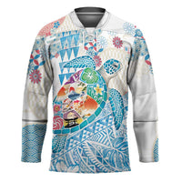 Hawaiian and Japanese Culture Together Hockey Jersey Tropical Honu with Japanese Elements Blue Color
