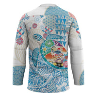 Hawaiian and Japanese Culture Together Hockey Jersey Tropical Honu with Japanese Elements Blue Color