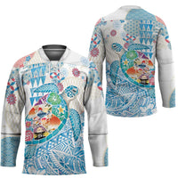 Hawaiian and Japanese Culture Together Hockey Jersey Tropical Honu with Japanese Elements Blue Color