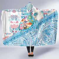 Hawaiian and Japanese Culture Together Hooded Blanket Tropical Honu with Japanese Elements Blue Color