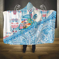 Hawaiian and Japanese Culture Together Hooded Blanket Tropical Honu with Japanese Elements Blue Color