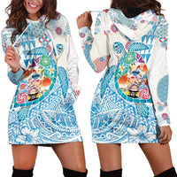 Hawaiian and Japanese Culture Together Hoodie Dress Tropical Honu with Japanese Elements Blue Color