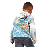Hawaiian and Japanese Culture Together Kid Hoodie Tropical Honu with Japanese Elements Blue Color