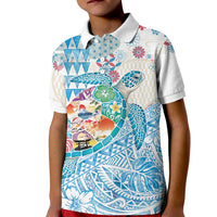 Hawaiian and Japanese Culture Together Kid Polo Shirt Tropical Honu with Japanese Elements Blue Color