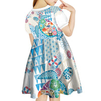 Hawaiian and Japanese Culture Together Kid Short Sleeve Dress Tropical Honu with Japanese Elements Blue Color