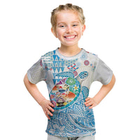 Hawaiian and Japanese Culture Together Kid T Shirt Tropical Honu with Japanese Elements Blue Color