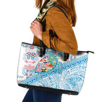 Hawaiian and Japanese Culture Together Leather Tote Bag Tropical Honu with Japanese Elements Blue Color