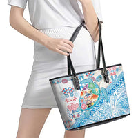 Hawaiian and Japanese Culture Together Leather Tote Bag Tropical Honu with Japanese Elements Blue Color