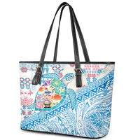 Hawaiian and Japanese Culture Together Leather Tote Bag Tropical Honu with Japanese Elements Blue Color