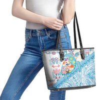 Hawaiian and Japanese Culture Together Leather Tote Bag Tropical Honu with Japanese Elements Blue Color
