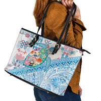 Hawaiian and Japanese Culture Together Leather Tote Bag Tropical Honu with Japanese Elements Blue Color