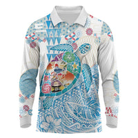 Hawaiian and Japanese Culture Together Long Sleeve Polo Shirt Tropical Honu with Japanese Elements Blue Color