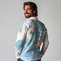 Hawaiian and Japanese Culture Together Long Sleeve Polo Shirt Tropical Honu with Japanese Elements Blue Color