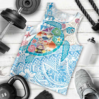 Hawaiian and Japanese Culture Together Men Tank Top Tropical Honu with Japanese Elements Blue Color