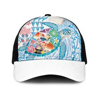 Hawaiian and Japanese Culture Together Mesh Trucker Cap Tropical Honu with Japanese Elements Blue Color