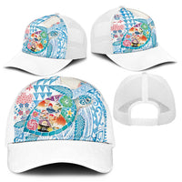 Hawaiian and Japanese Culture Together Mesh Trucker Cap Tropical Honu with Japanese Elements Blue Color