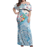 Hawaiian and Japanese Culture Together Off Shoulder Maxi Dress Tropical Honu with Japanese Elements Blue Color
