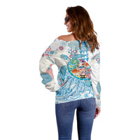 Hawaiian and Japanese Culture Together Off Shoulder Sweater Tropical Honu with Japanese Elements Blue Color