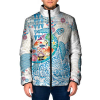 Hawaiian and Japanese Culture Together Padded Jacket Tropical Honu with Japanese Elements Blue Color