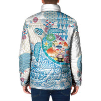 Hawaiian and Japanese Culture Together Padded Jacket Tropical Honu with Japanese Elements Blue Color