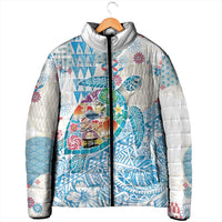 Hawaiian and Japanese Culture Together Padded Jacket Tropical Honu with Japanese Elements Blue Color