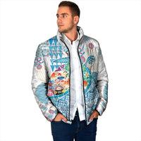 Hawaiian and Japanese Culture Together Padded Jacket Tropical Honu with Japanese Elements Blue Color