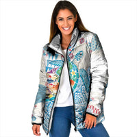 Hawaiian and Japanese Culture Together Padded Jacket Tropical Honu with Japanese Elements Blue Color