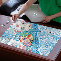 Hawaiian and Japanese Culture Together Puzzle Tropical Honu with Japanese Elements Blue Color
